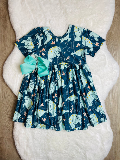 Bowtism Girls Manatee Adventure Twirl Dress With Matching Bow - Bowtism